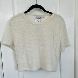 SO White Fuzzy Cropped Sweater Top - Size Large